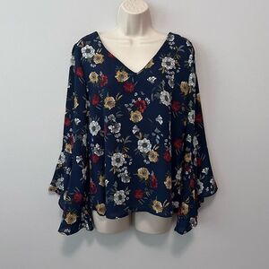 Krazy Kat Blue Floral Bell Sleeve Blouse Size M